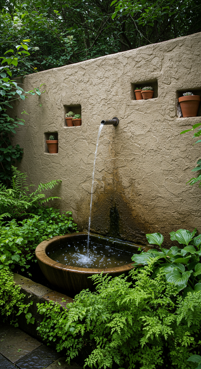 Schlichter Wandbrunnen mit Steinbecken, umgeben von Farnen, mit Terrakotta-Töpfen in Wandnischen.