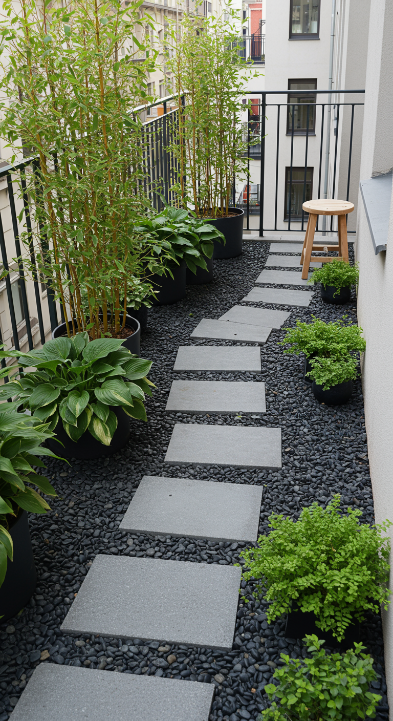 Schmaler Balkon mit Trittsteinpfad durch Kies, flankiert von Bambus und Hostas.
