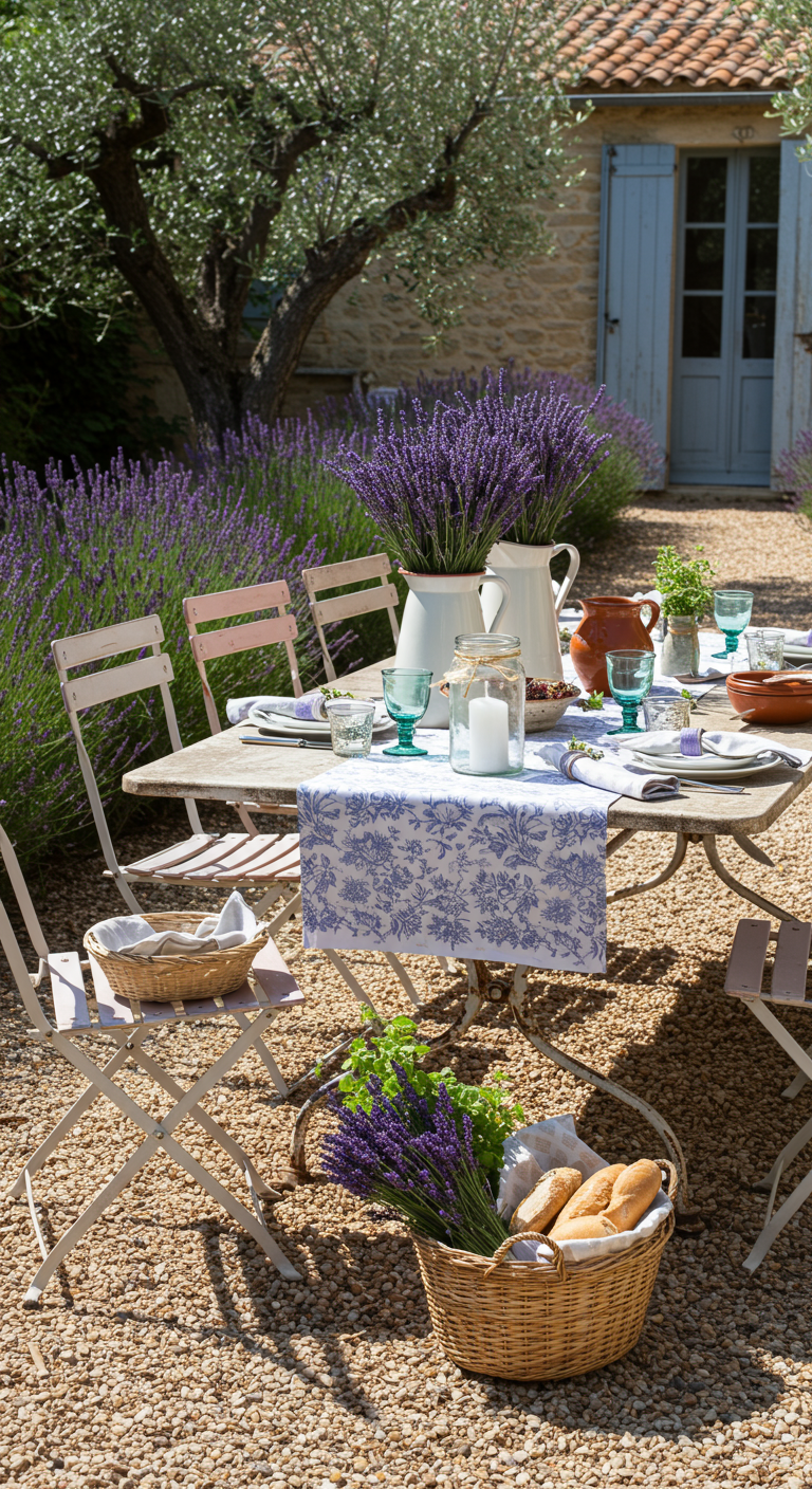 Gartentisch im Provence-Stil mit Lavendel und rustikalem Geschirr.
