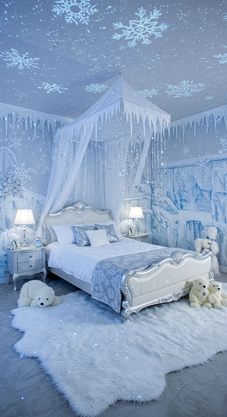Winterliches Kinderzimmer mit weißem Bett, Schneeflockenprojektionen und Eisbären.