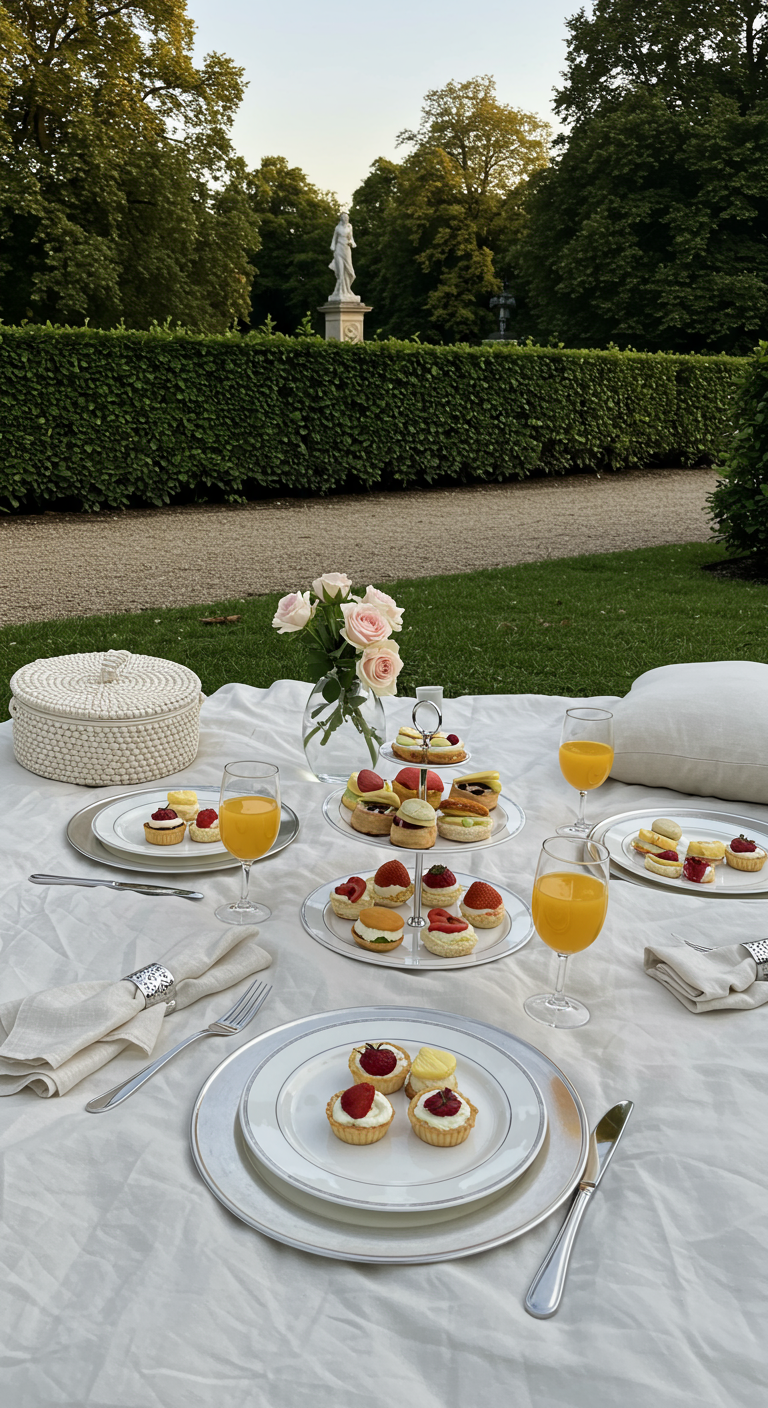 Elegantes Picknick im Park mit weißer Decke, Porzellan, Etagere mit Törtchen und Rosen.