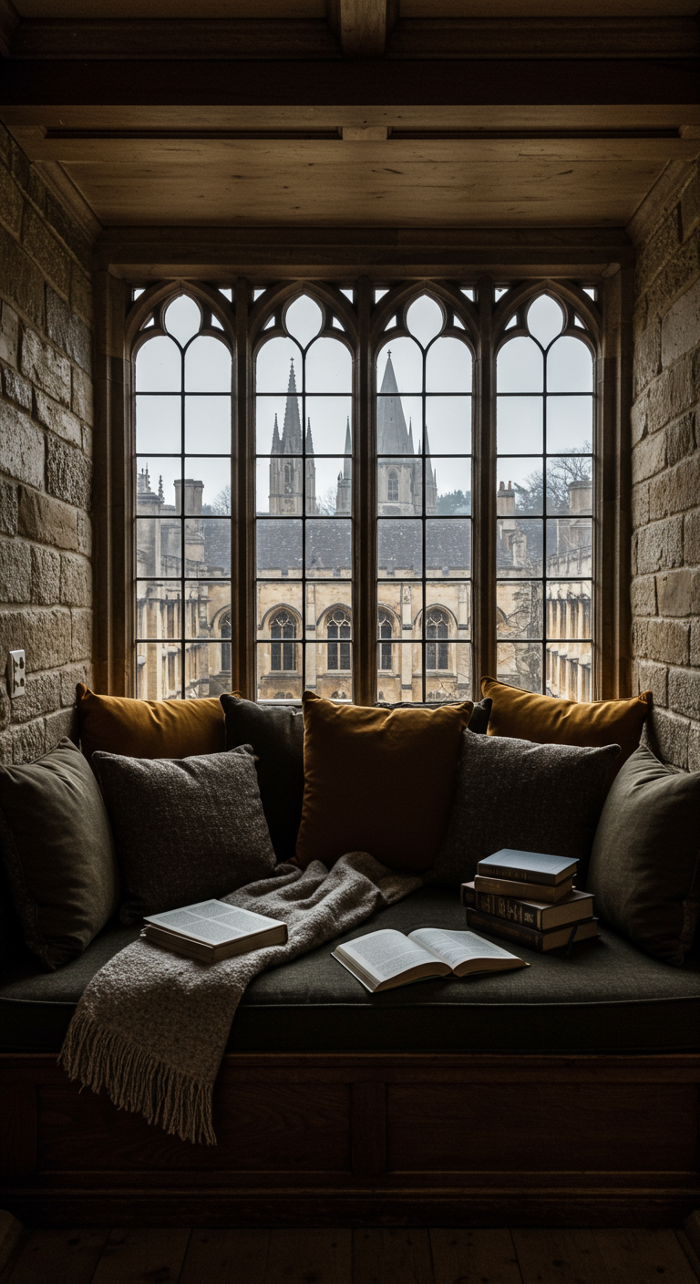 Tiefe Fensternische mit Polster, Kissen, Büchern und Blick auf gotische Architektur.