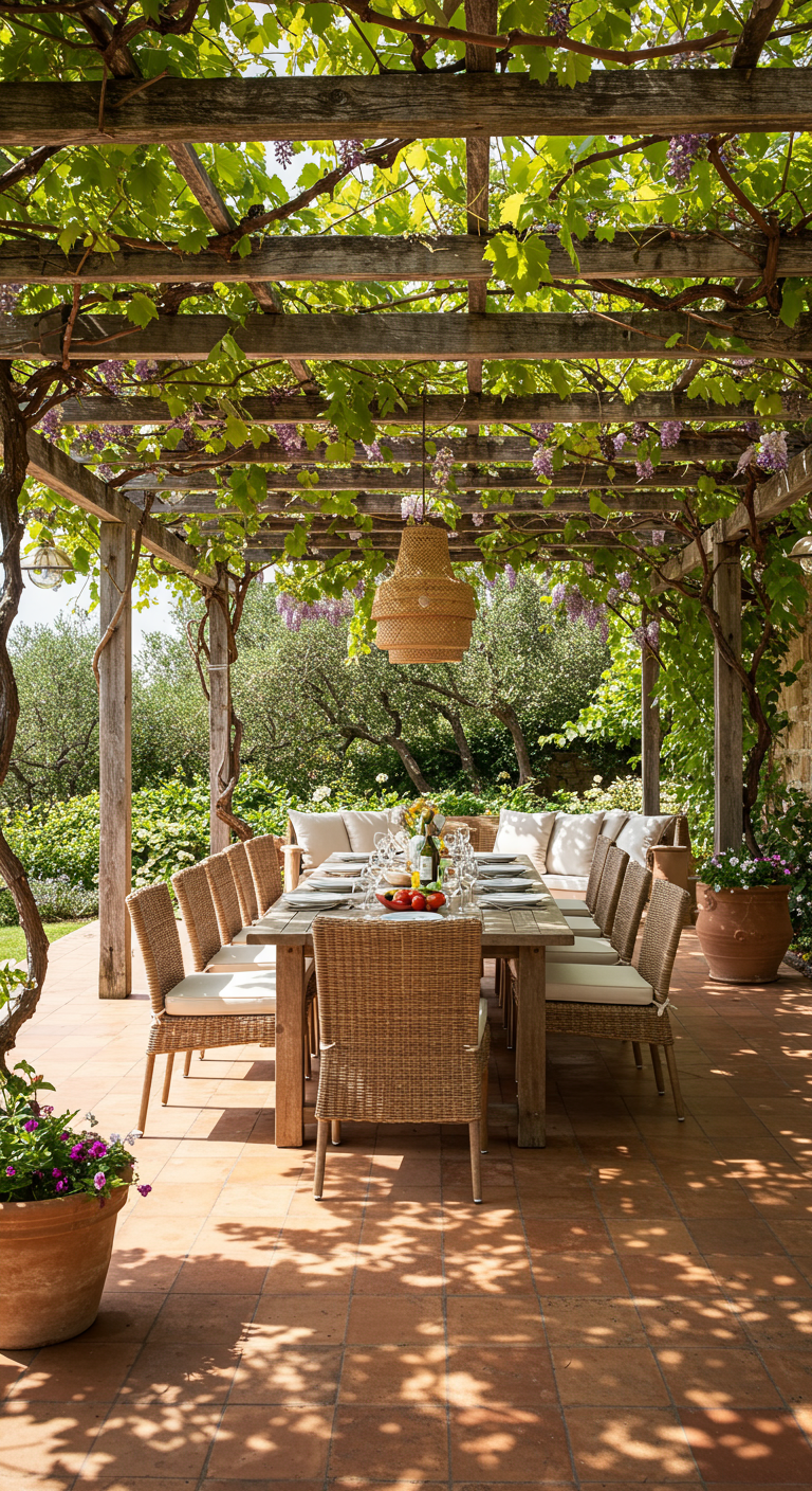 Langer Holztisch unter einer mit Weinreben bewachsenen Pergola auf einer Terrasse.