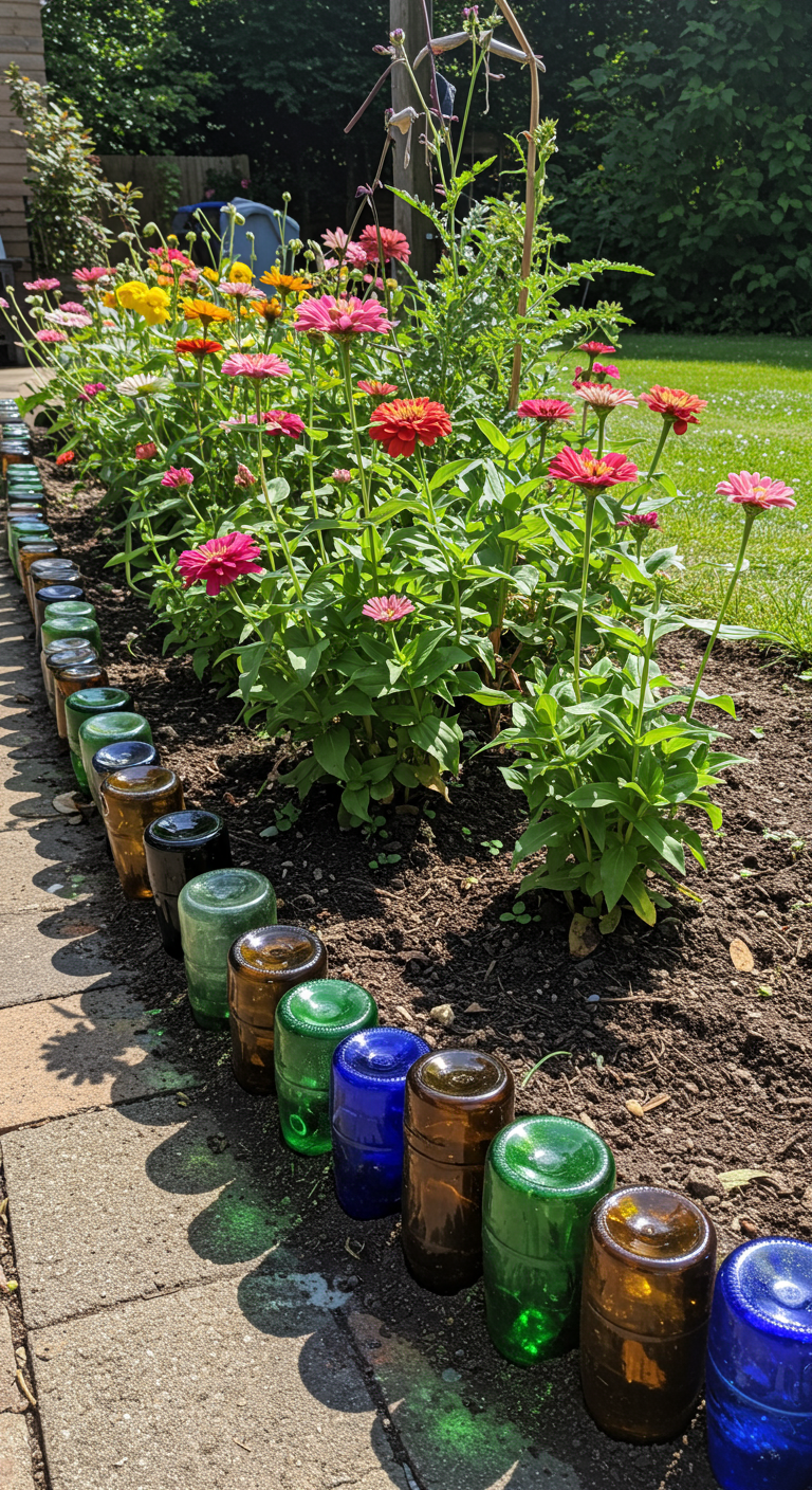 Blumenbeet-Einfassung aus bunt bemalten, kopfüber eingegrabenen Glasflaschen.