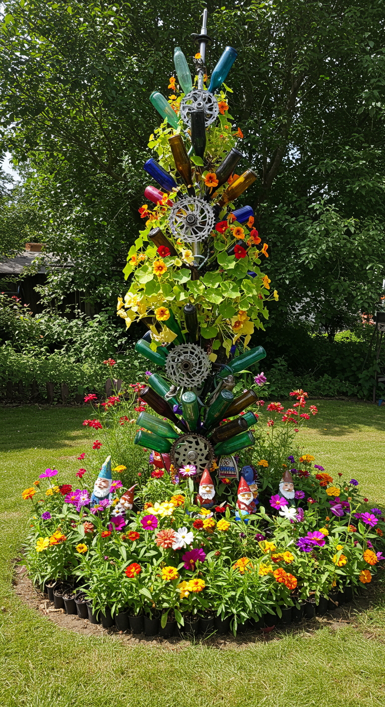 DIY-Flaschenbaum mit bunten Blumen und Gartenwichteln