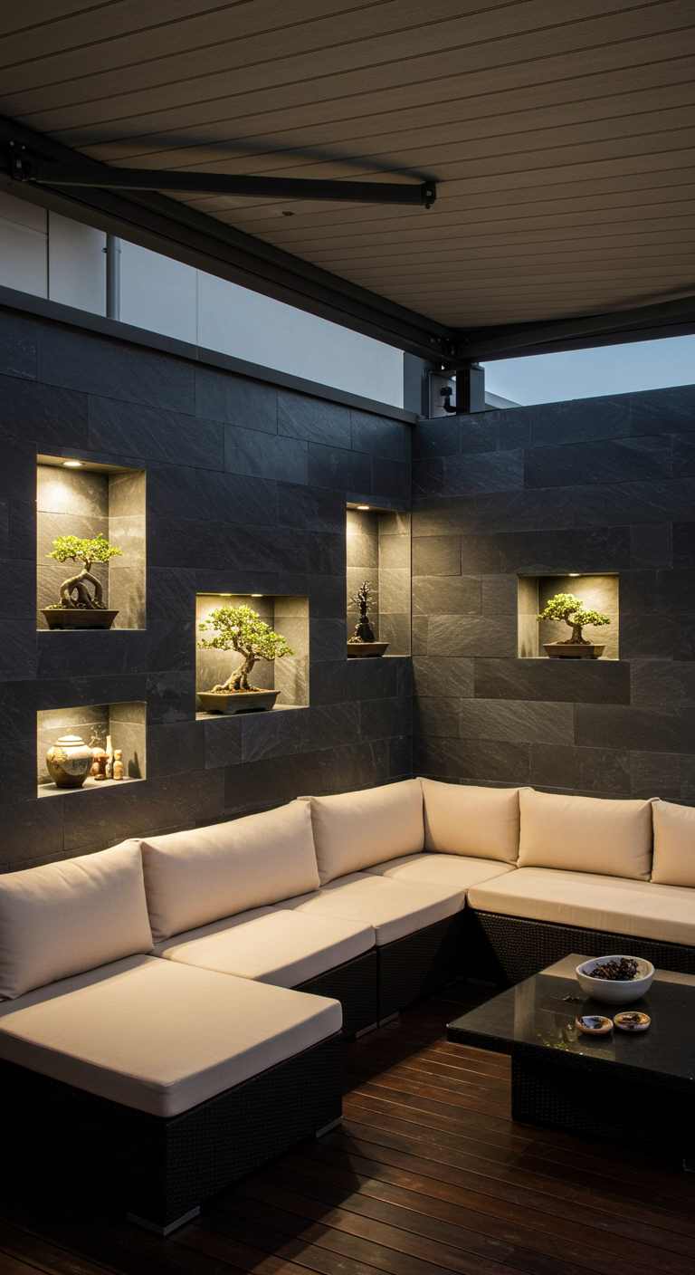Moderne Lounge mit beleuchteten Wandnischen für Bonsais und Deko.
