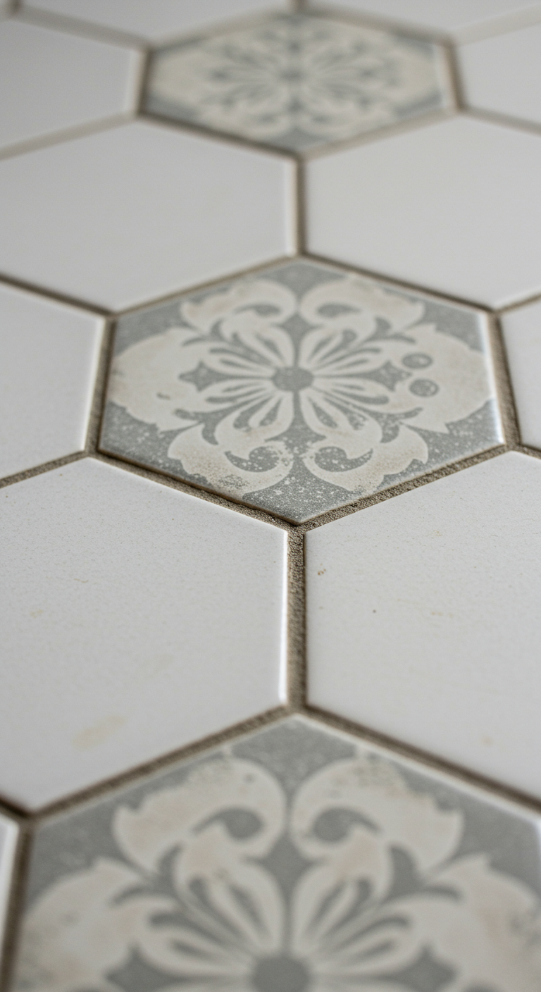 Nahaufnahme von hexagonalen Bodenfliesen mit dezentem floralen Muster.