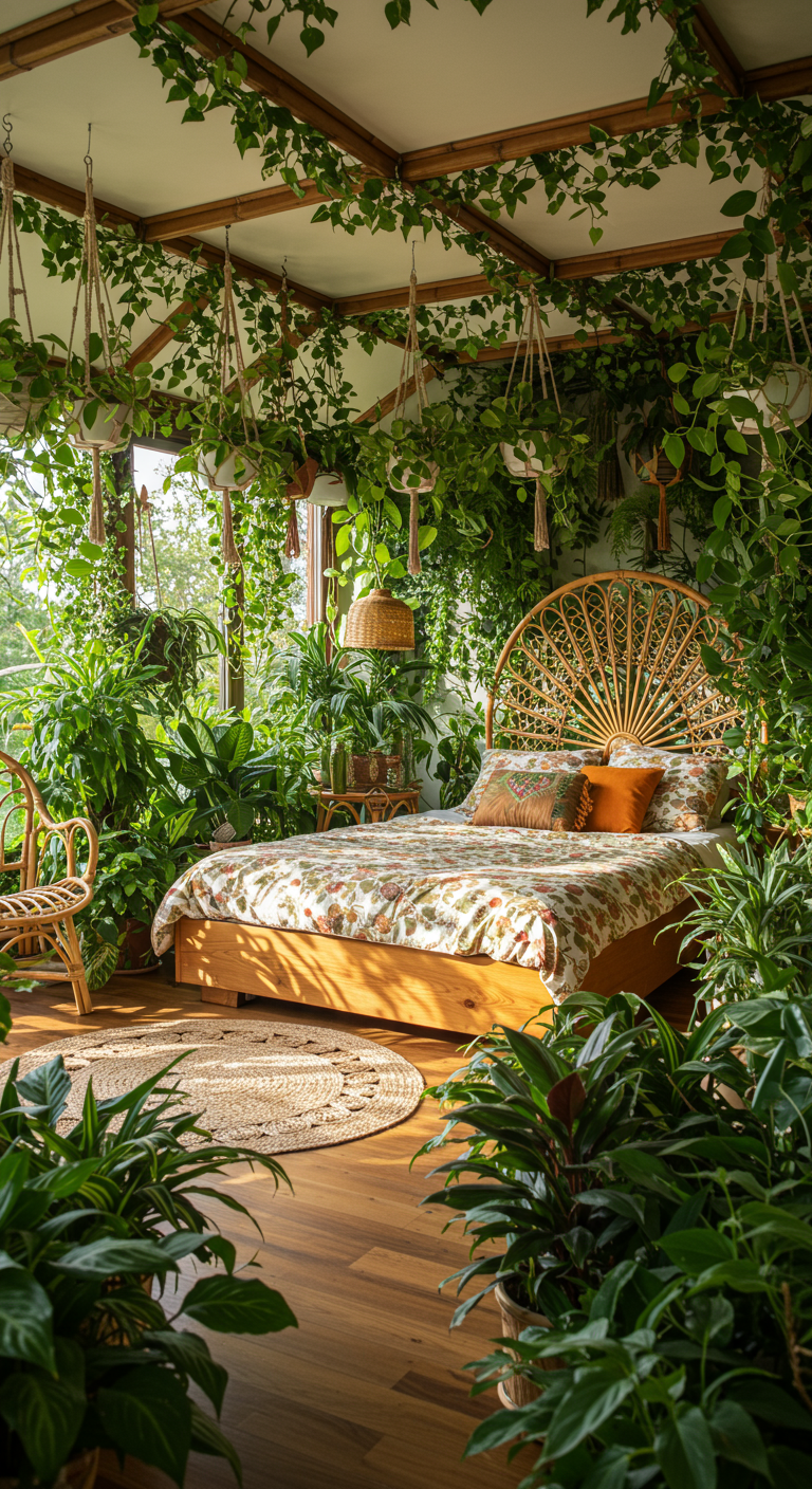 Boho-Schlafzimmer als grüne Oase mit unzähligen Pflanzen und Rattanbett.