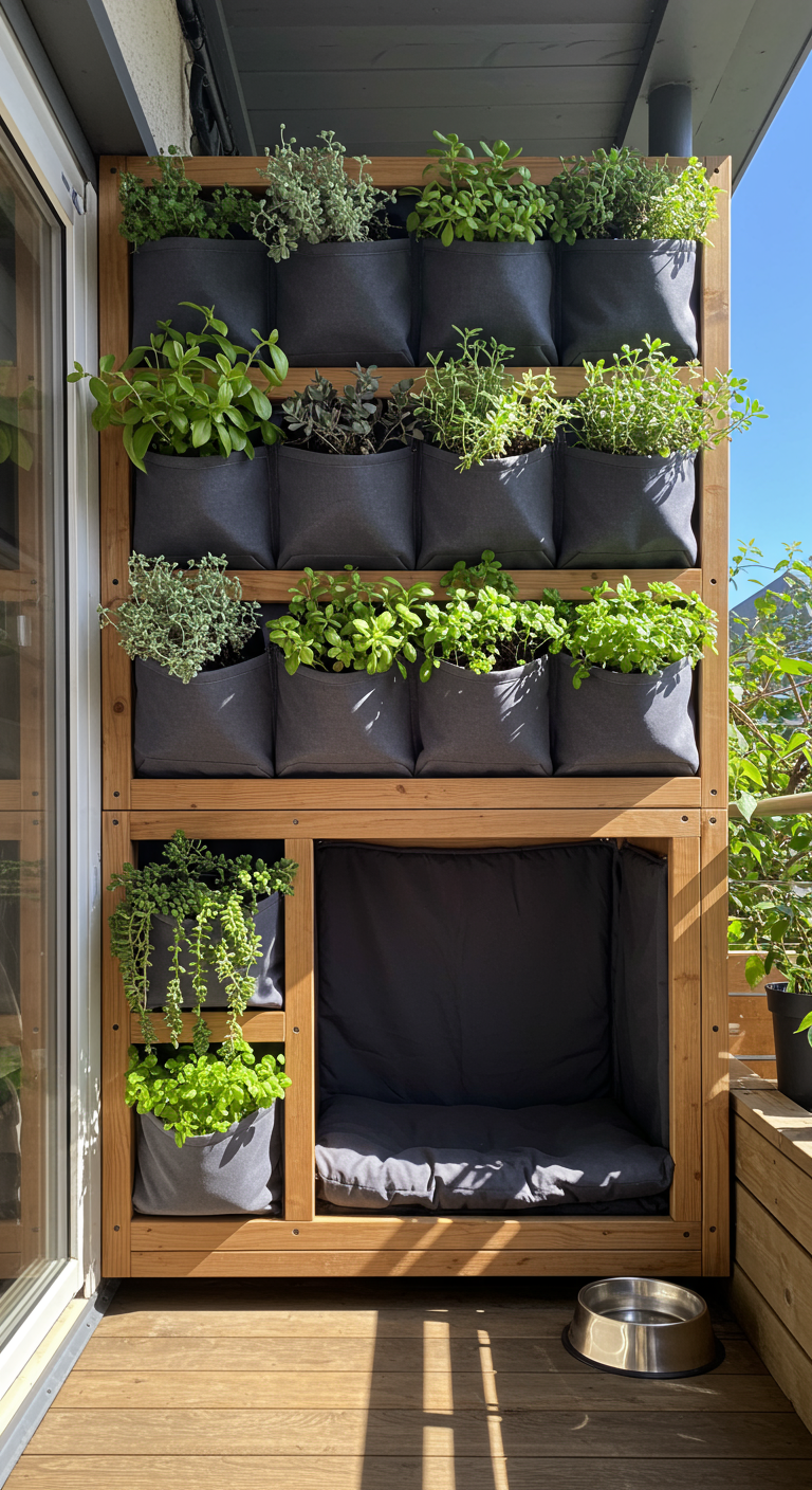 Vertikaler Garten mit Pflanztaschen und integrierter Holzhundehütte auf Balkon.