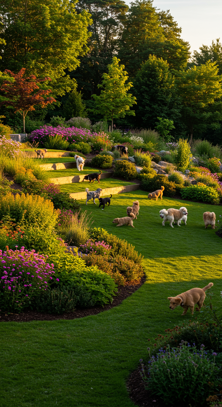 Mehrere Hunde spielen in großem, hügeligem Garten mit üppigen Blumenbeeten