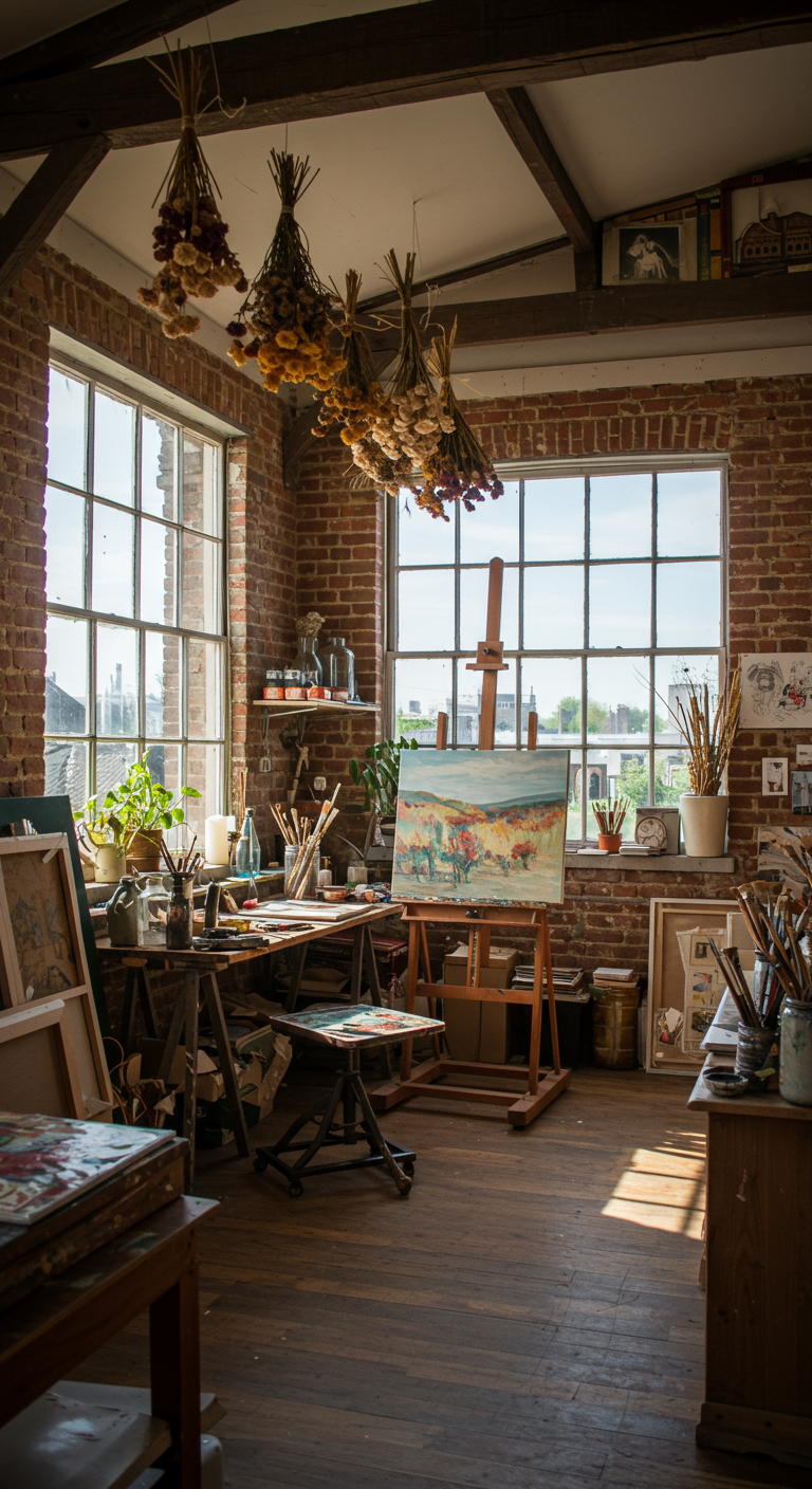 Helles Künstleratelier mit Backsteinwänden, großen Fenstern und Malutensilien.