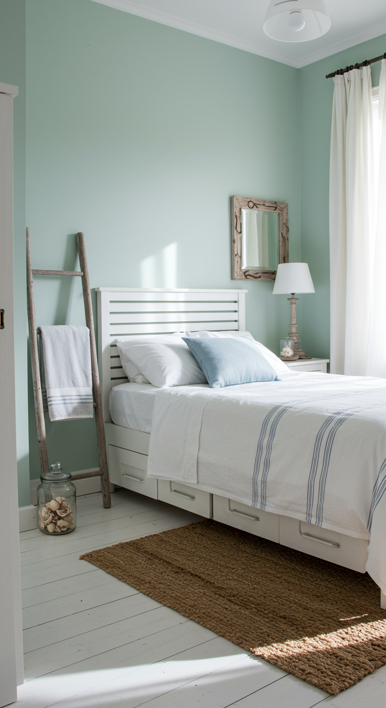 Schlafzimmer im Coastal-Stil mit mintgrünen Wänden und weißen Möbeln.