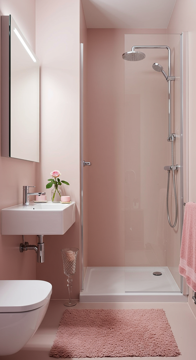 Kleines, funktionales Bad in Hellrosa mit Dusche und kompaktem Waschbecken.