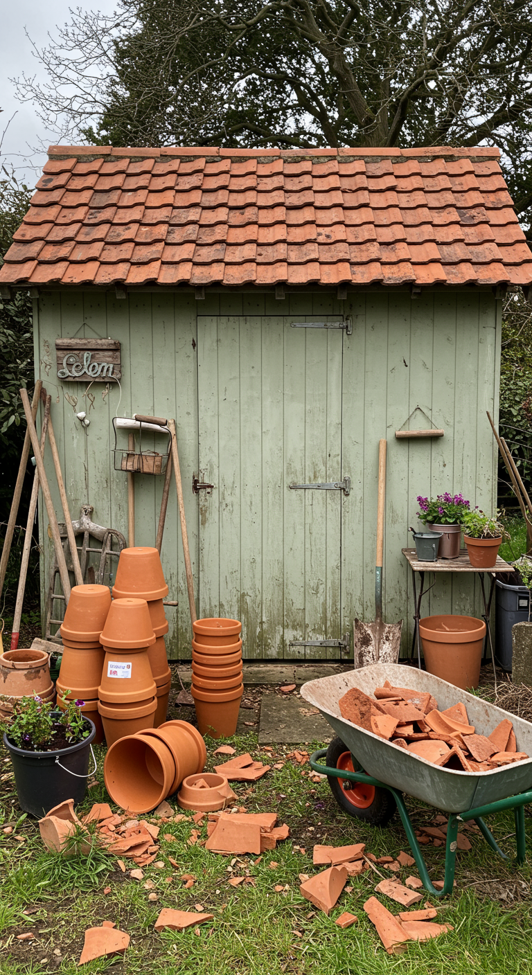 Gartenhäuschen mit gestapelten Terrakotta-Töpfen, Werkzeug und Scherben in einer Schubkarre.