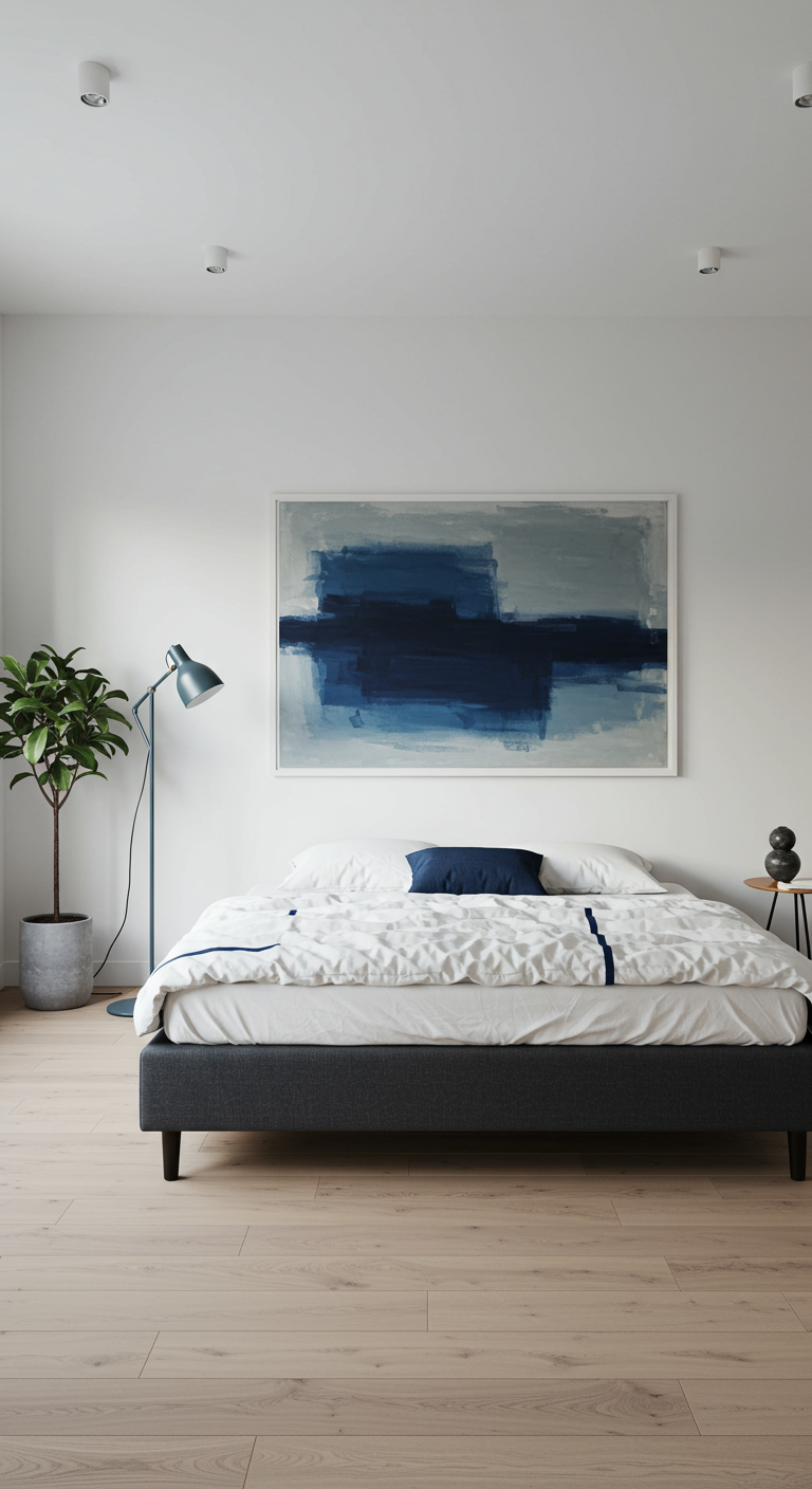 Minimalistisches Schlafzimmer mit großem blauen Kunstwerk über dem Bett.