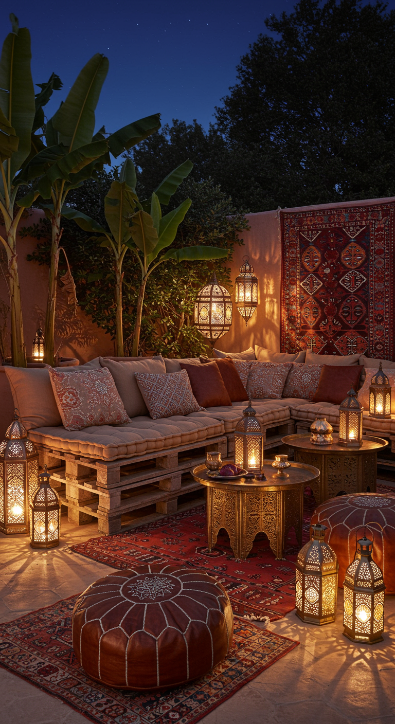 Lounge-Ecke aus Paletten mit vielen Kissen, Laternen und Poufs.