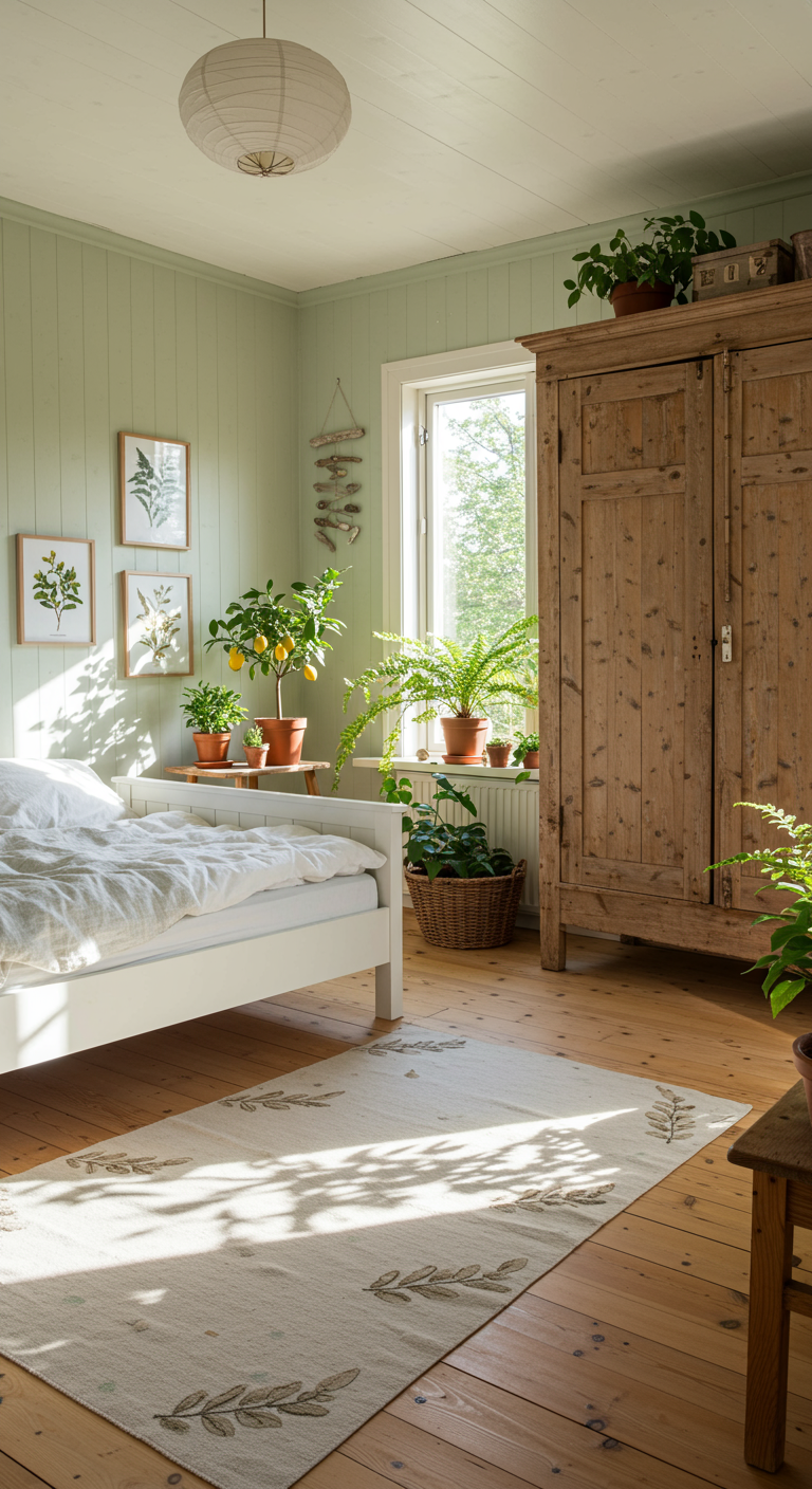 Helles Schlafzimmer im Landhausstil mit salbeigrünen Wänden und botanischen Details.