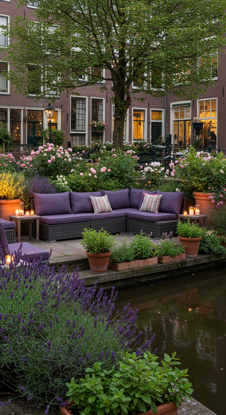 Große lila Outdoor-Lounge mit Lavendel und Rosen an einer Gracht.