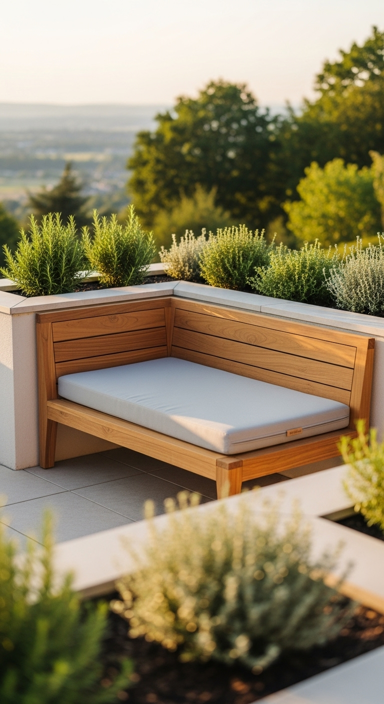 Helle Holz-Eckbank mit Polster auf einem Balkon mit Kräuterbeeten und Weitblick.