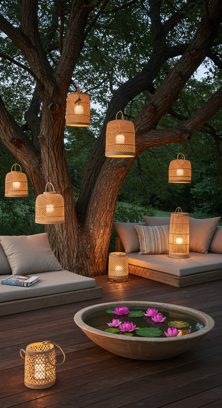 Lounge-Bereich unter einem Baum mit Rattan-Laternen, Holzdeck und Lotus-Schale.