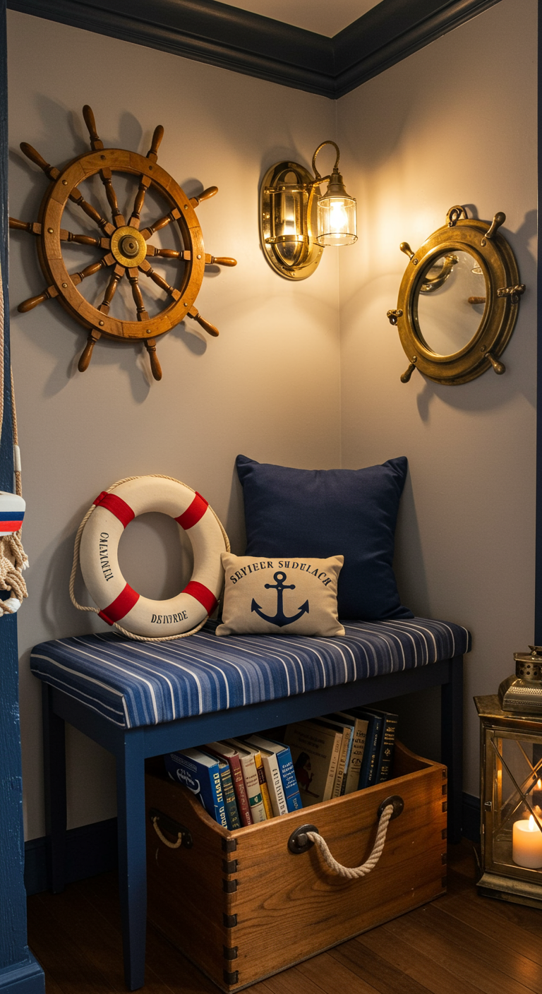 Maritime Ecke mit gestreifter Sitzbank, Steuerrad und Bullauge als Deko.