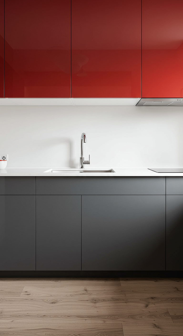 Moderne minimalistische Küche mit roten Oberschränken und grauen Unterschränken.