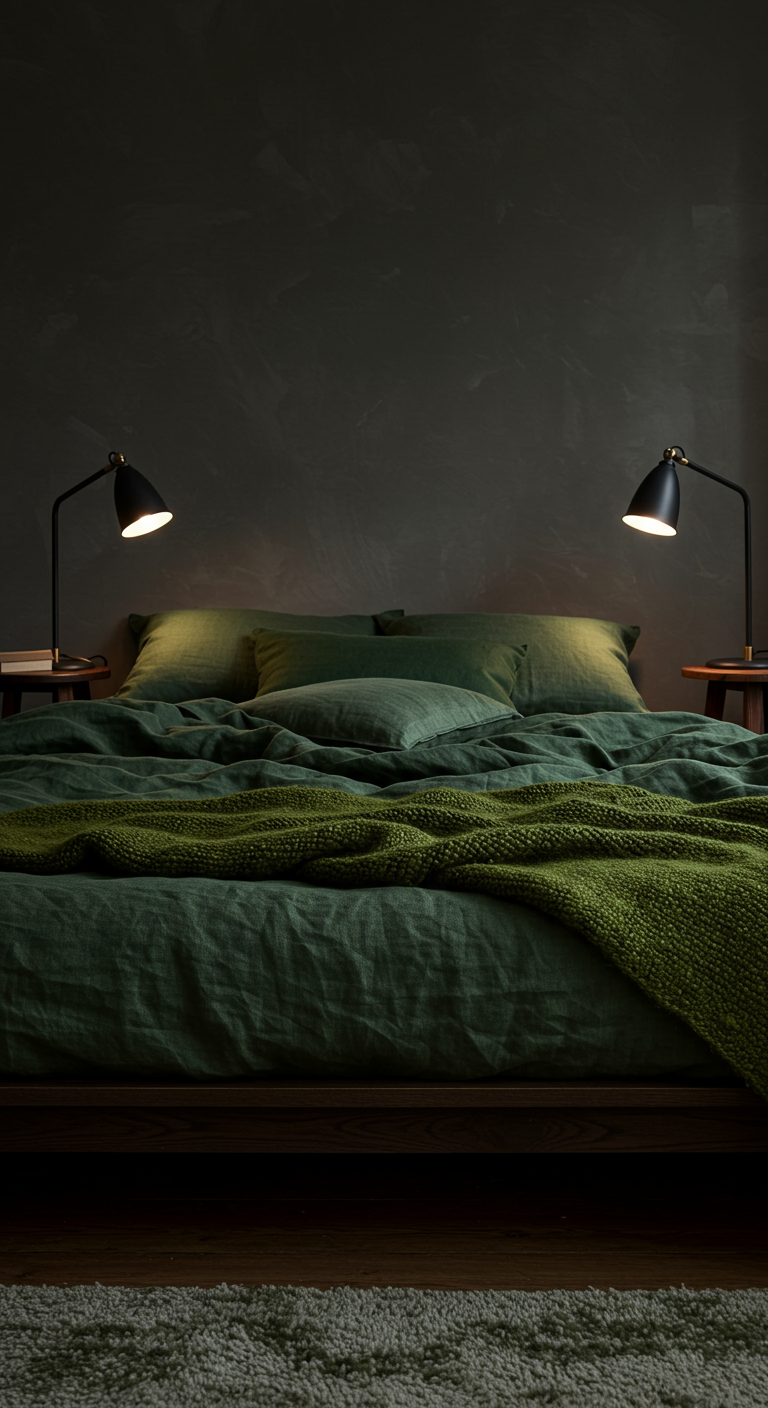 Dunkles Schlafzimmer mit olivgrüner Leinenbettwäsche und grüner Strickdecke.