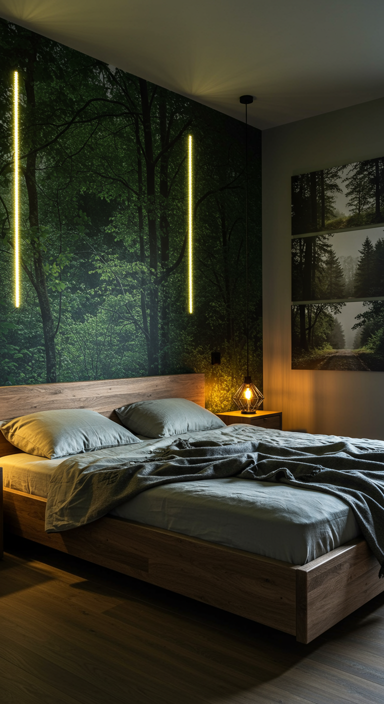 Dunkles Schlafzimmer mit Waldtapete und atmosphärischer LED-Beleuchtung.