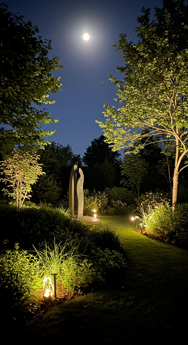 Eine beleuchtete Skulptur in einem Garten bei Nacht unter Vollmond.