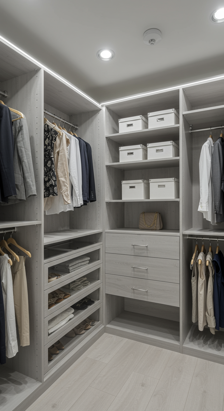 Gut organisierter, heller begehbarer Kleiderschrank mit Regalen und Kleiderstangen.