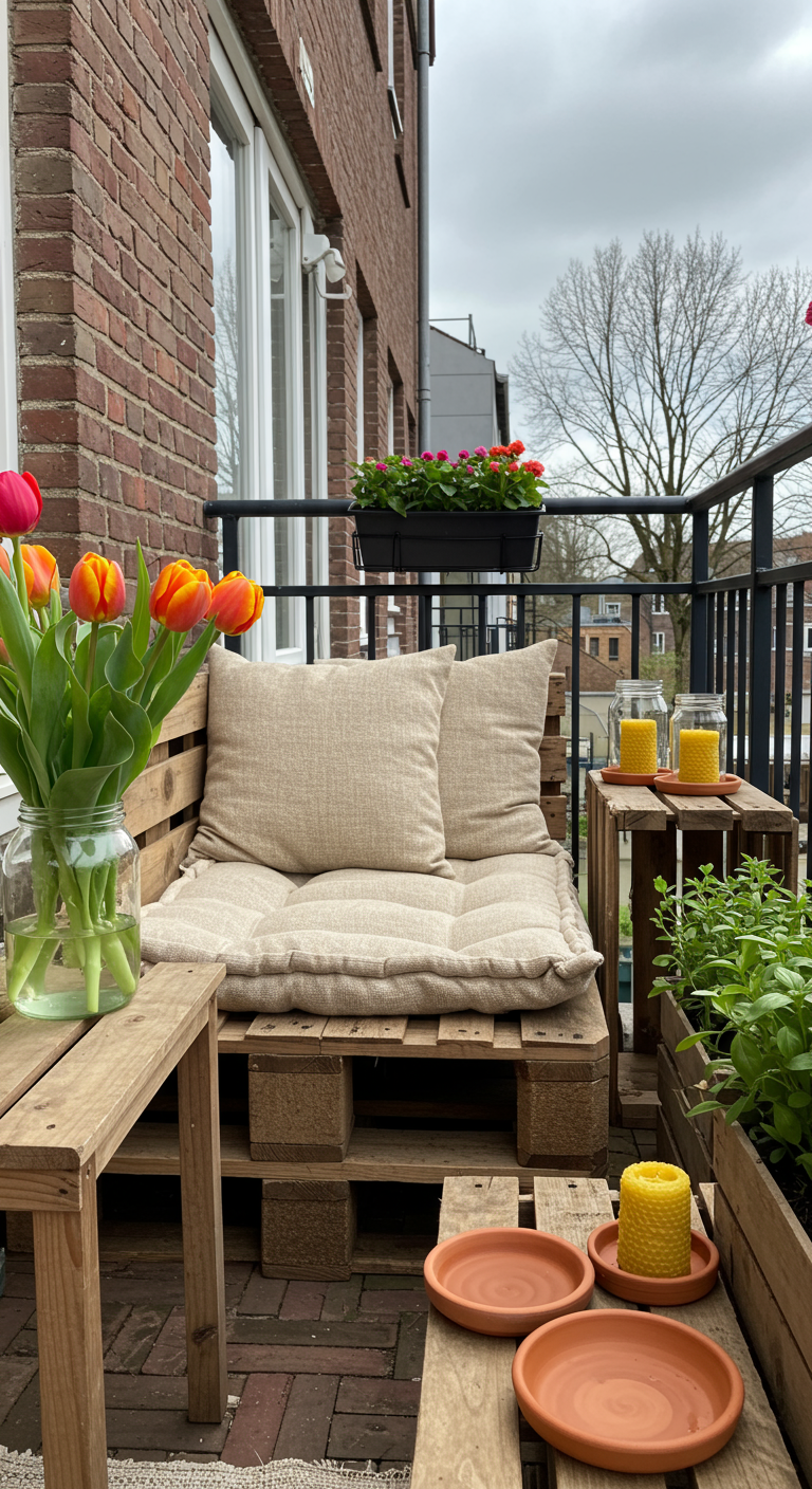 Balkon mit Palettenmöbeln, Tulpen in Vase, Bienenwachskerzen und Kräuterbeet.