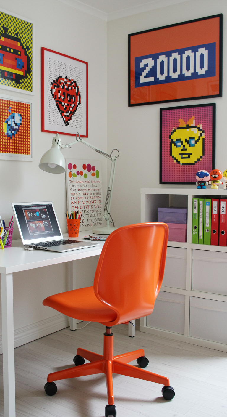 Helles Arbeitszimmer mit Pixel-Art-Bildern an der Wand und einem orangen Drehstuhl.