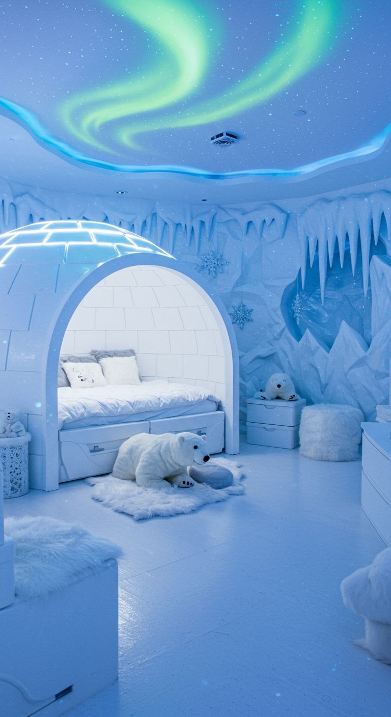 Kinderzimmer im arktischen Stil mit Iglu-Bett und Nordlicht-Projektion.