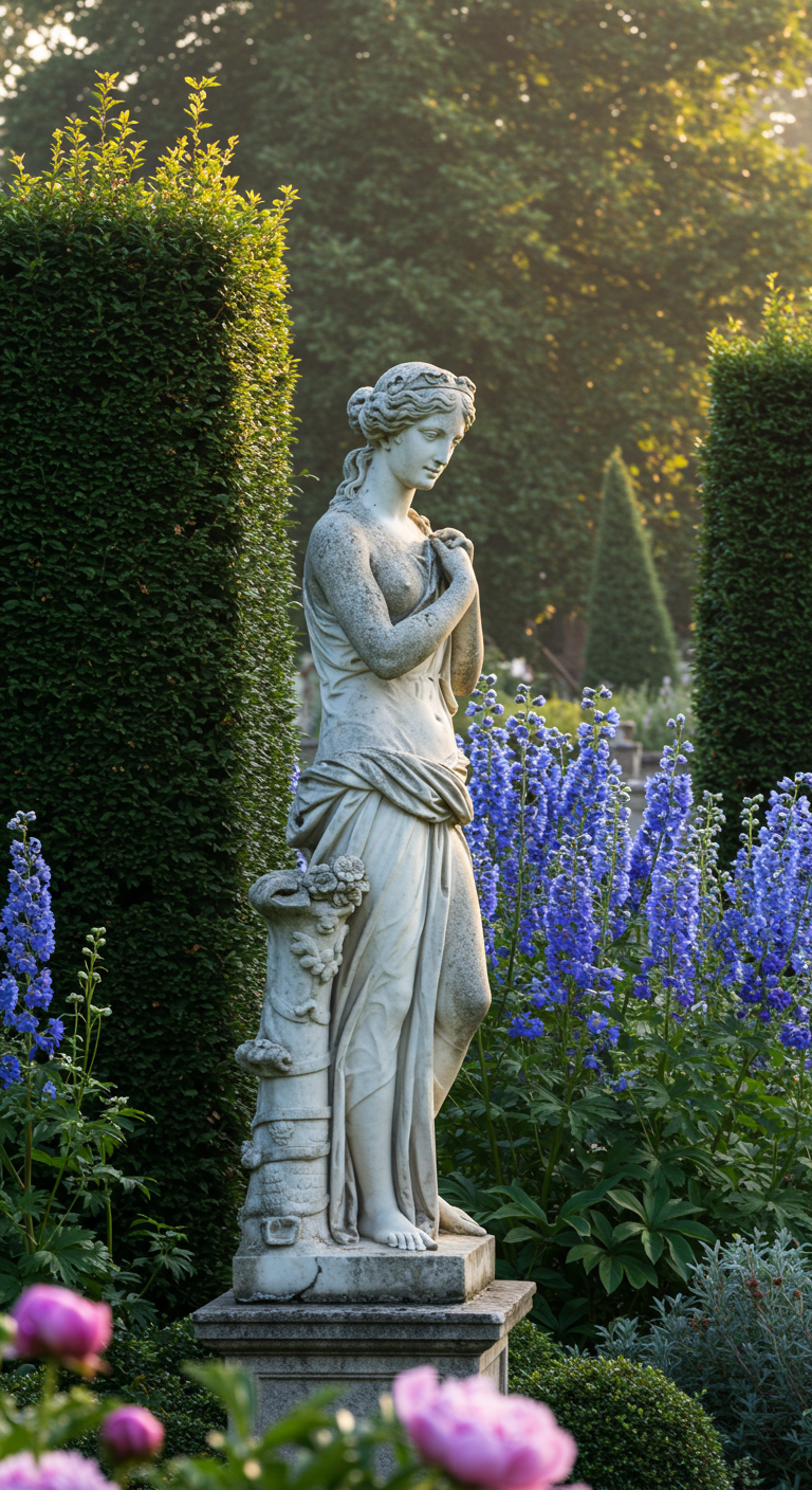 Statue in Beet mit hohem blauen Rittersporn im Hintergrund und rosa Pfingstrosen davor.