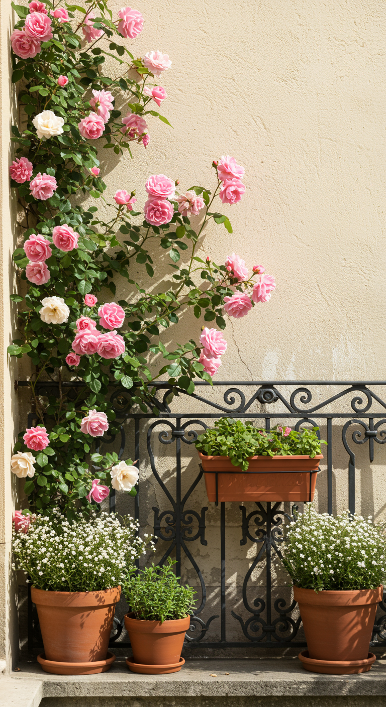 Rosa Kletterrosen an Hauswand über Gusseisengeländer, davor Töpfe mit Schleierkraut.