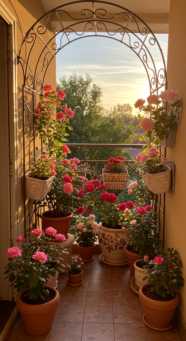 Ein metallener Rosenbogen auf einem Balkon, üppig bewachsen mit pinken Kletterrosen in Töpfen bei Sonnenuntergang.