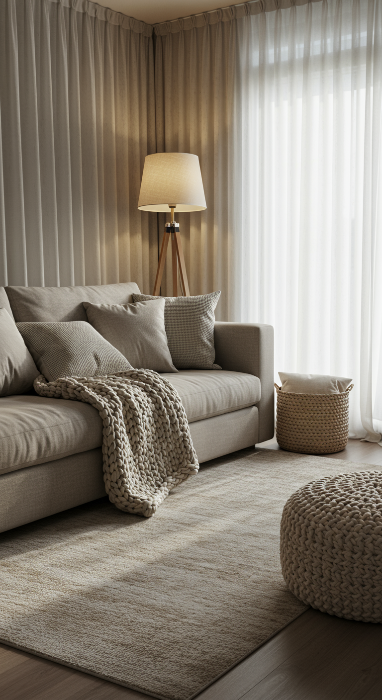 Helles Wohnzimmer in Naturtönen mit Strickdecke und geflochtenem Pouf.