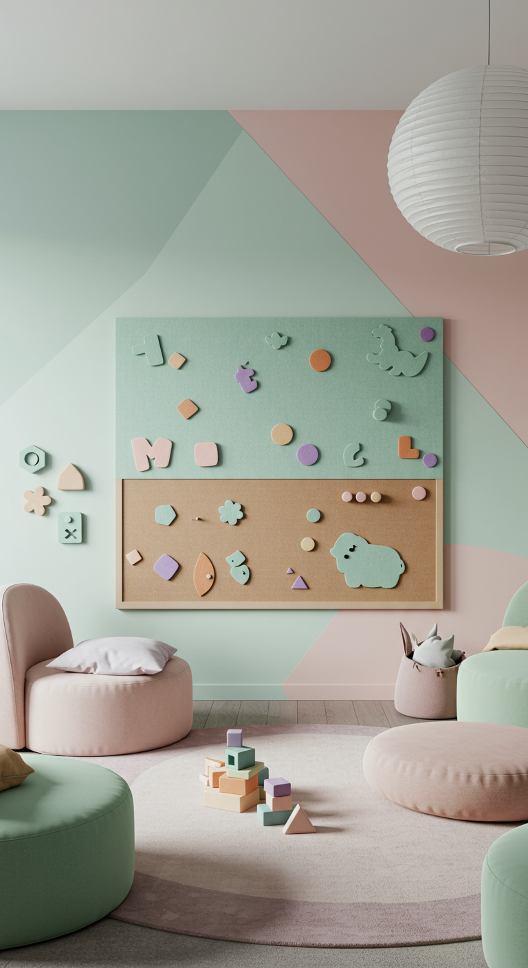 Spielzimmer in Pastellfarben mit geometrischen Wandelementen und weichen Sitzmöbeln.
