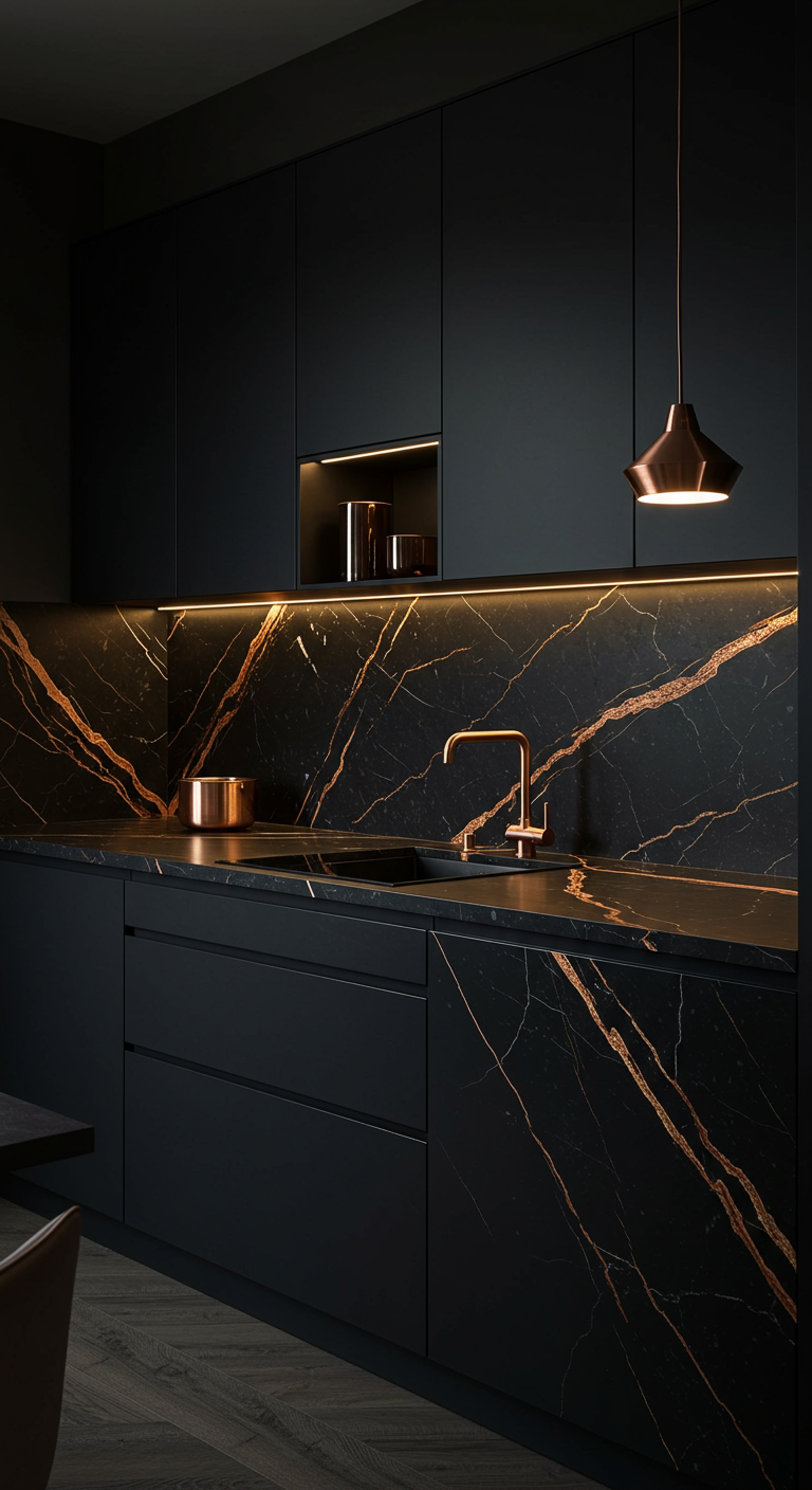 Moderne schwarze Küche mit schwarzem Marmor mit Kupferadern und Kupferlampe.