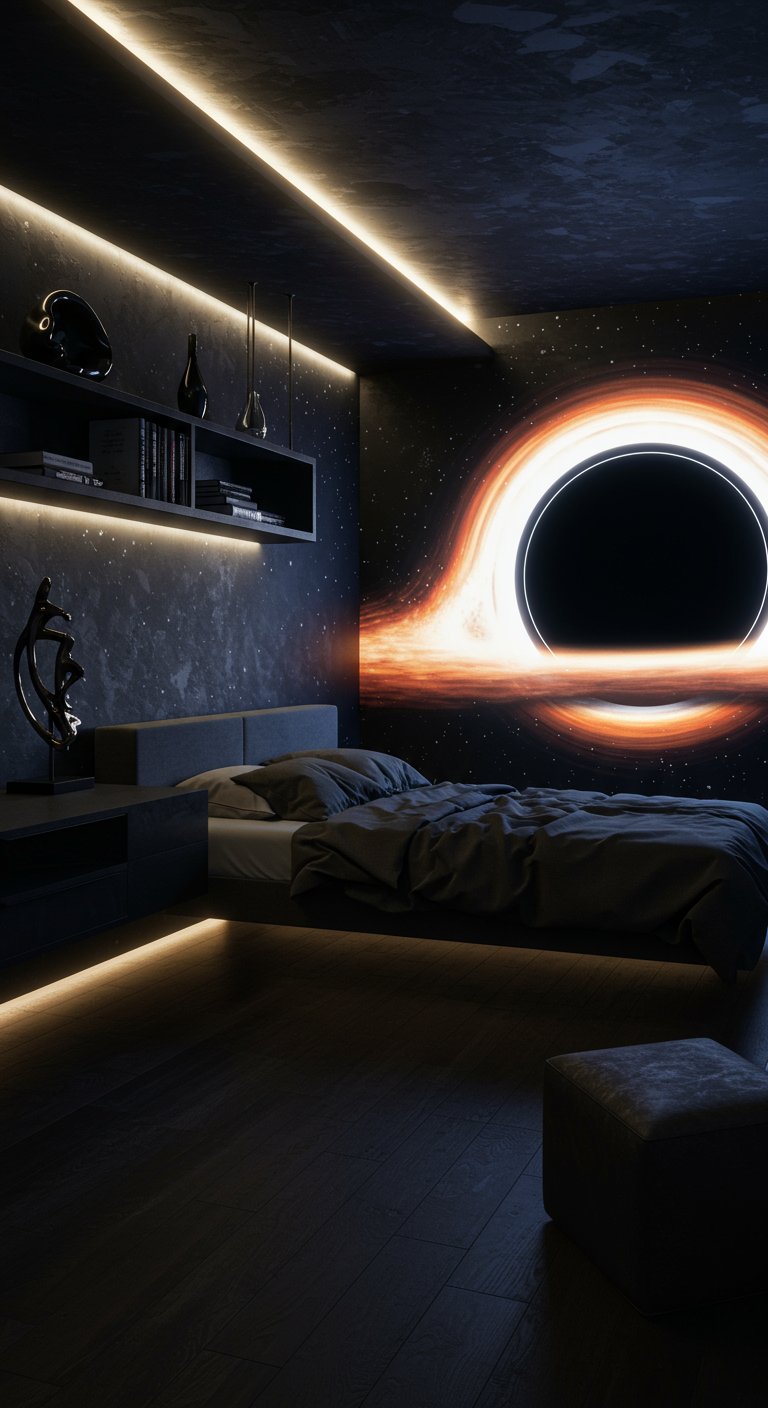 Modernes Schlafzimmer mit einem großen Wandbild eines Schwarzen Lochs und indirekter Beleuchtung.