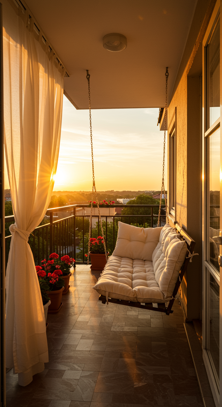 Helle Hollywoodschaukel mit dicken Polstern auf einem Balkon bei Sonnenuntergang.
