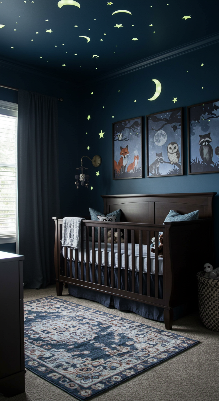 Dunkelblaues Babyzimmer mit Sternenhimmel und Waldtier-Bildern.