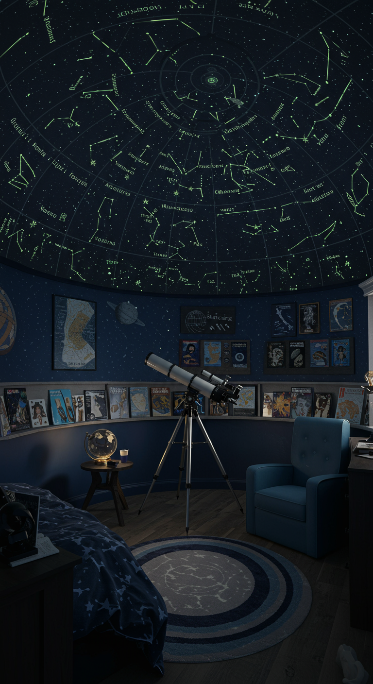 Kinderzimmer im Stil einer Sternwarte mit Teleskop und Sternbild-Decke.