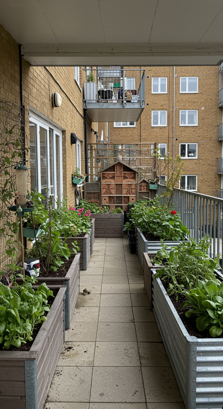 Langer Balkon mit Holz- und Metallhochbeeten, Grünpflanzen und einem großen Insektenhotel.