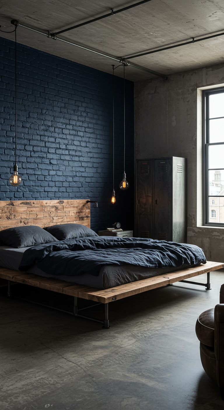 Industrie-Schlafzimmer mit dunkelblauer Backsteinwand und Holzbett auf Metallfüßen.