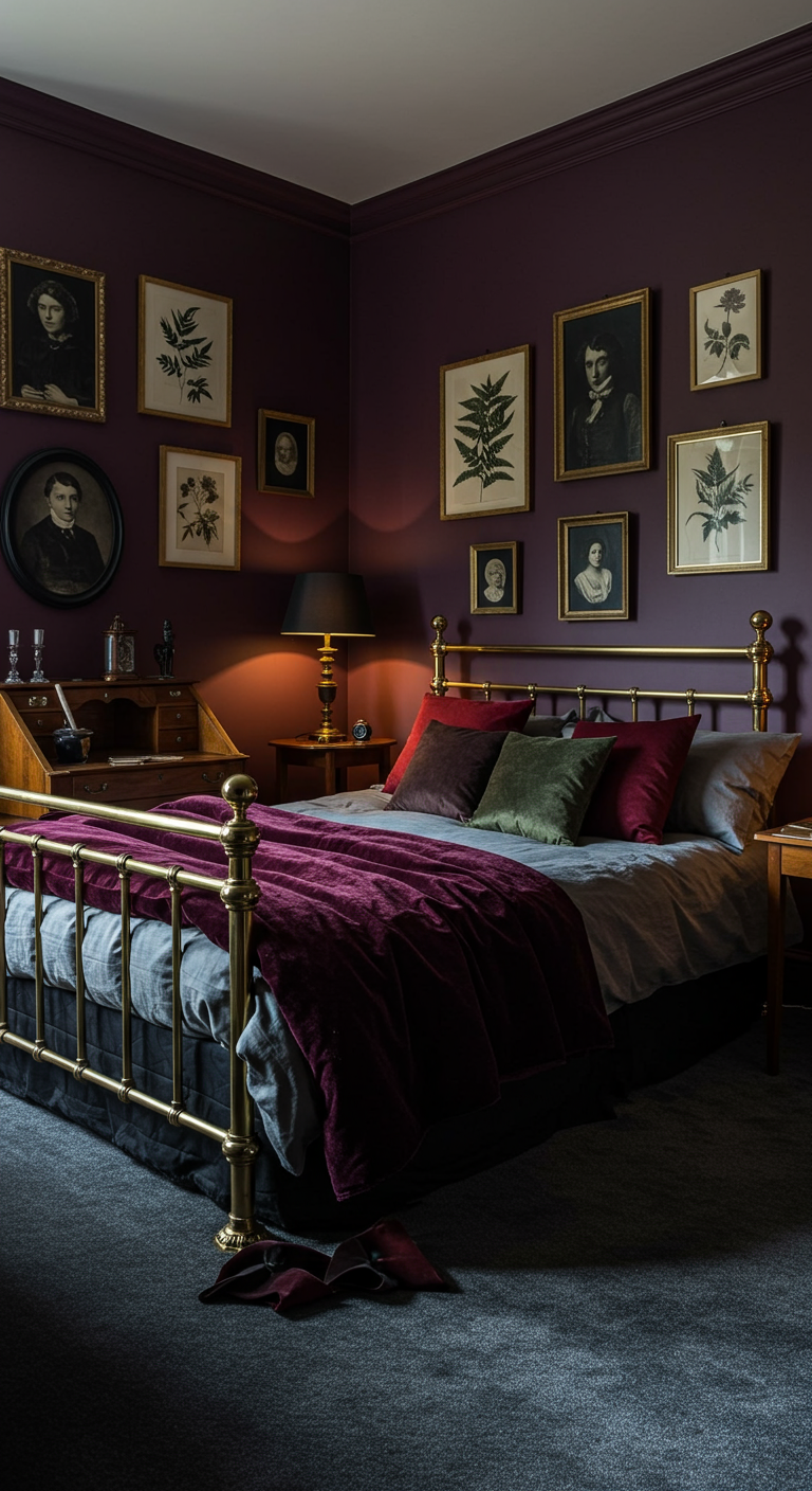 Viktorianisch inspiriertes Schlafzimmer mit lila Wänden und Messingbett.