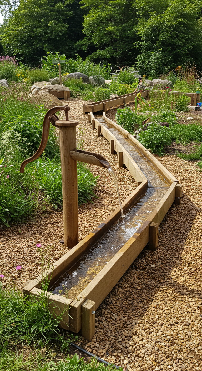 Lange Wasserstraße aus Holz mit einer Handpumpe auf Kiesuntergrund.