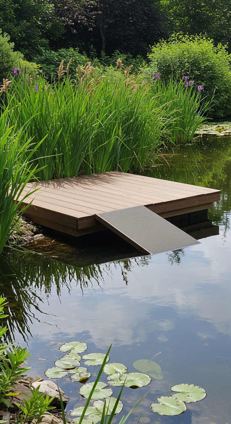 Schwimmende Holzplattform mit Rampe in einem Teich, umgeben von Pflanzen.