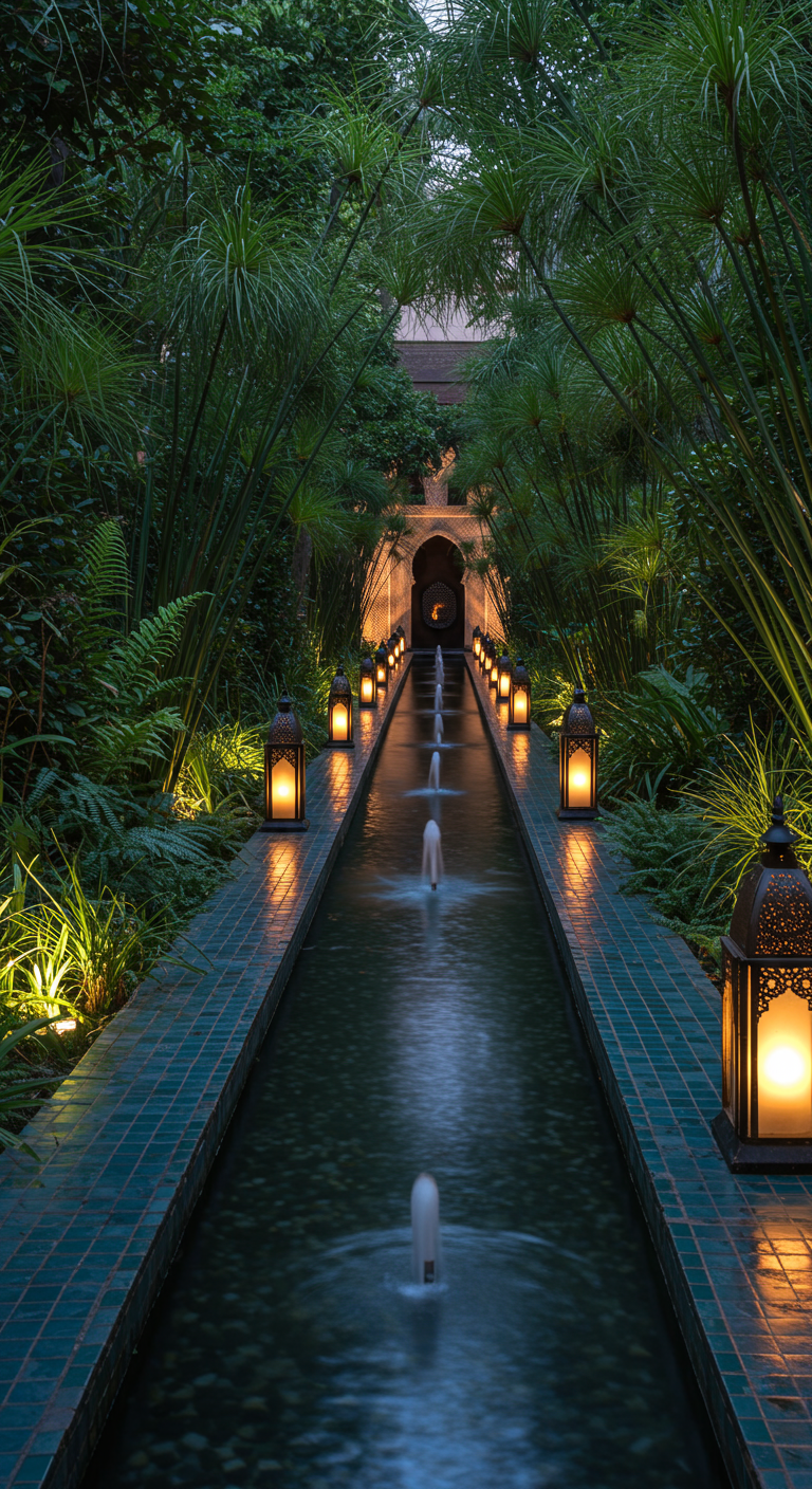 Langer Wasserkanal mit Fontänen und Laternen in einem üppigen marokkanischen Garten.