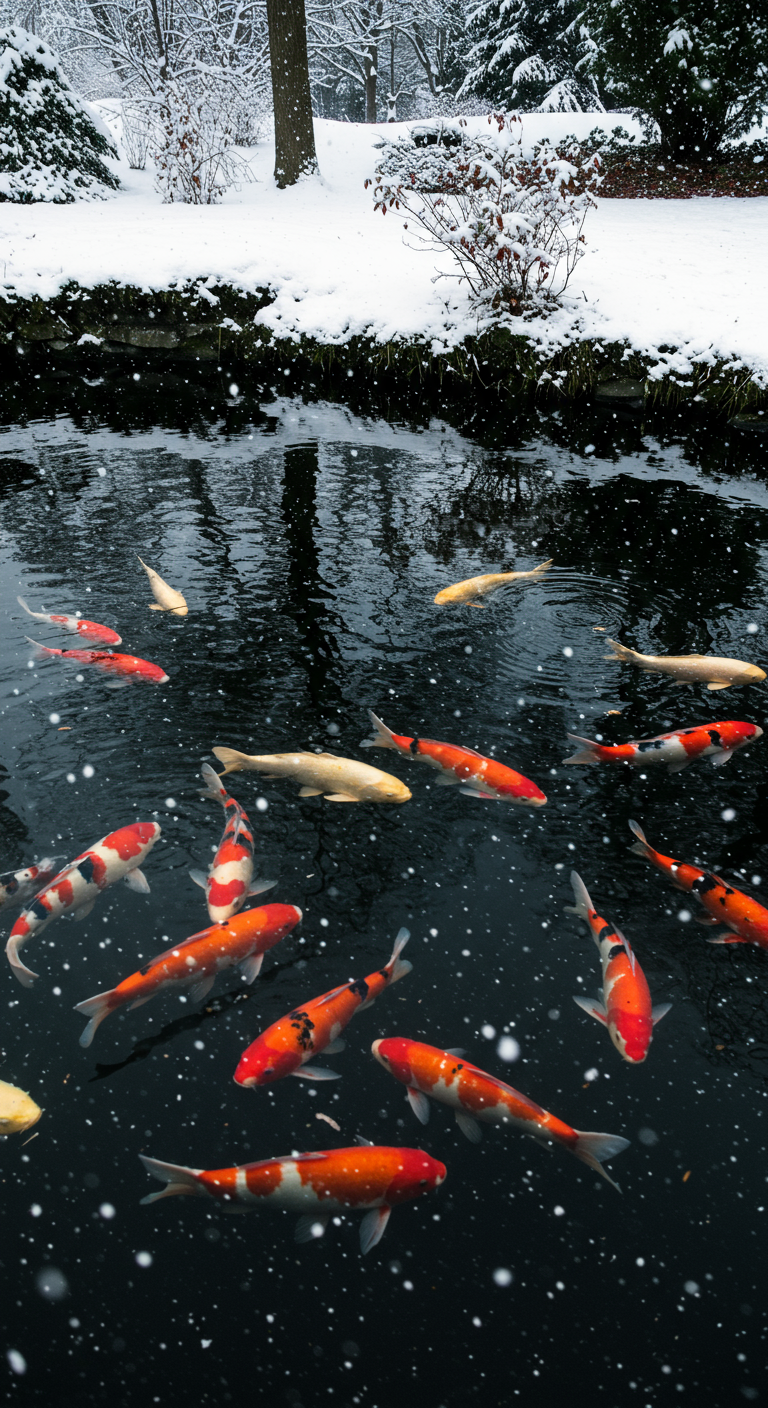 Bunte Koi schwimmen unter einer dünnen Eisschicht in einem winterlichen Teich.